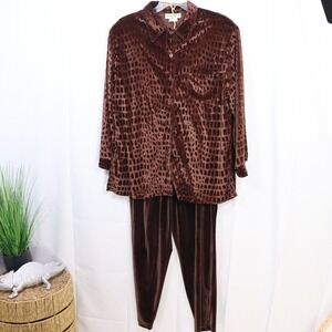 Sharon Anthony Pant Set 1X Brown Womens Velvet Animal Print Lounge